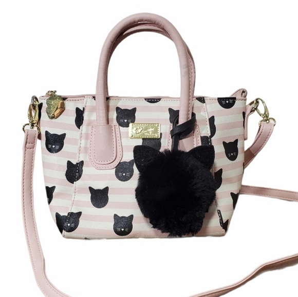 Betsy Johnson Pink White Cat Crossbody Purse